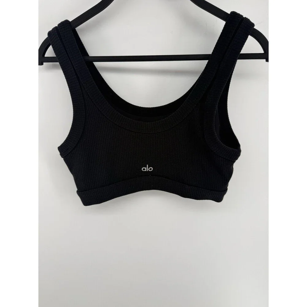 Alo Yoga Wellness Bra Black Ribbed Scoop Neck Sports Bra Size M